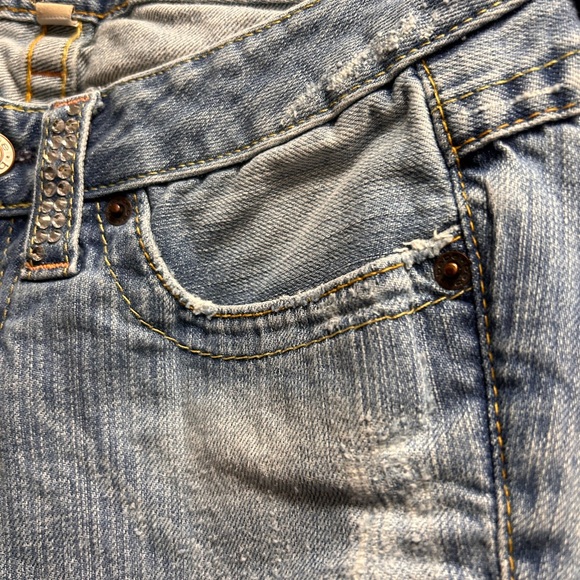 “BEBE” LIGHT BLUE JEANS/SIZE 26US TALL/RHINESTONE LOGO BACK AND FRONT/DISTRESSED - Picture 11 of 13
